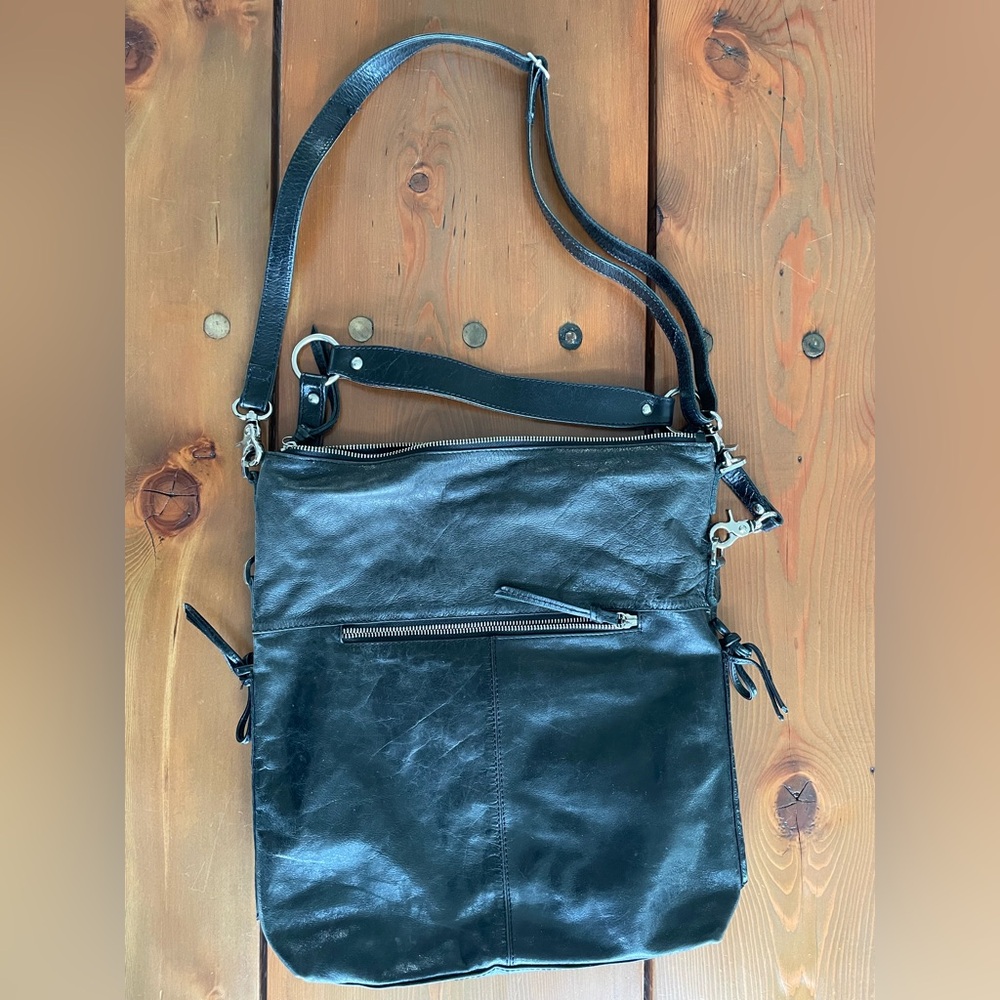 Tano Distressed Black Leather Hobo Bag Many Pockets Double Strap Purple Lining - Picture 4 of 8